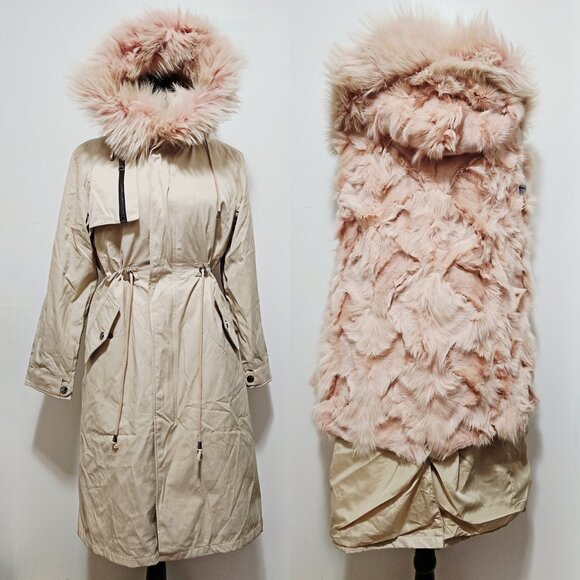 NewReal Fox Fur-Lined Parka Coat Fox Puffer Jacket Beige Cream WhitePink Raccoon - Picture 1 of 4